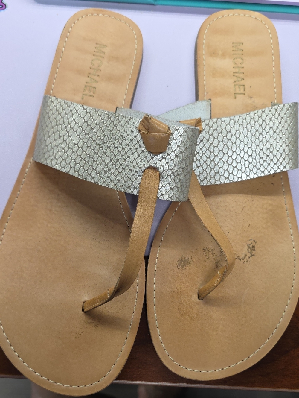 MICHAEL Michael Kors Tan Sandal with Metallic Silver-Textured Strap
